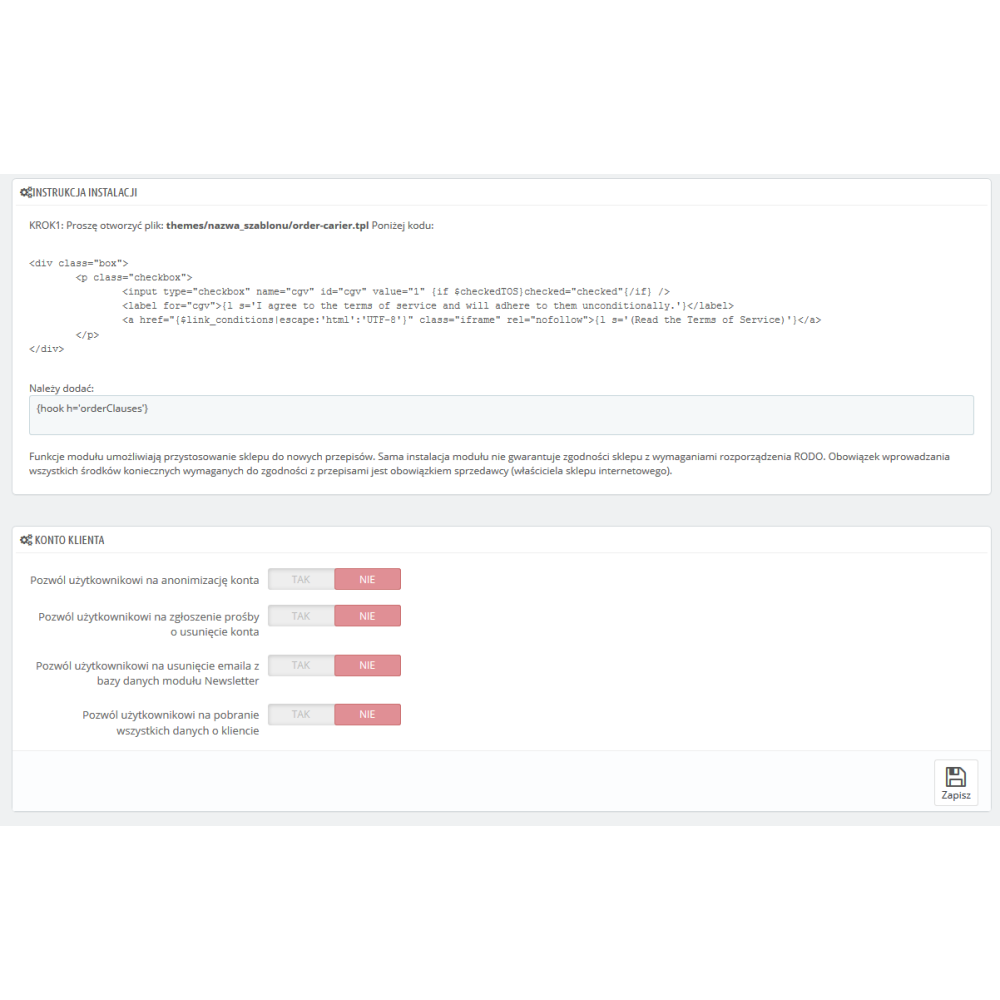 GDPR related changes module for PrestaShop