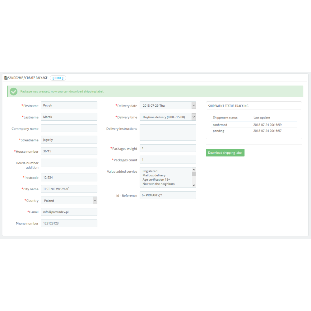 Integration mit Sandd.nl-Kurier für PrestaShop 1.6.x und 1.7.x