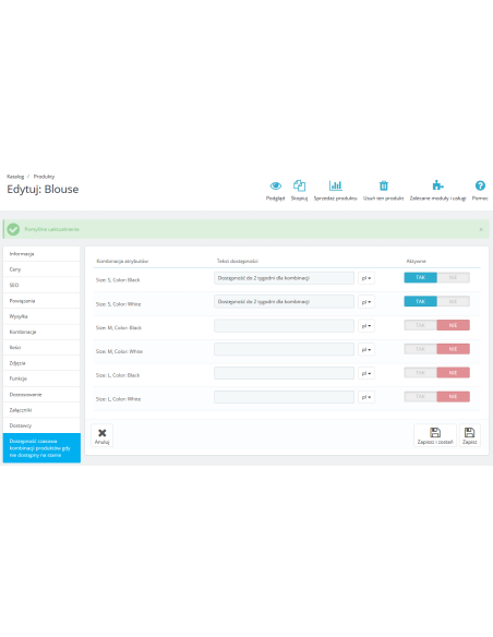 Disponibilità nel tempo delle combinazioni di prodotti quando non in stock per PrestaShop 1.6.x.