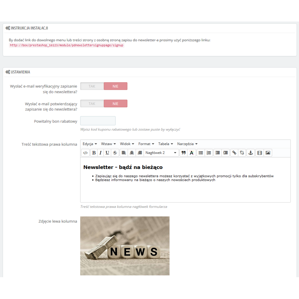 Úvodní stránka bulletinu / stránka předplatného pro PrestaShop 1.6.x, 1.7.x.