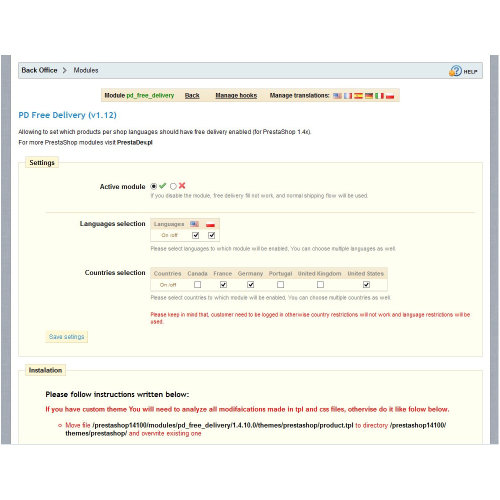 Free shipping module for selected products for PS 1.4.x