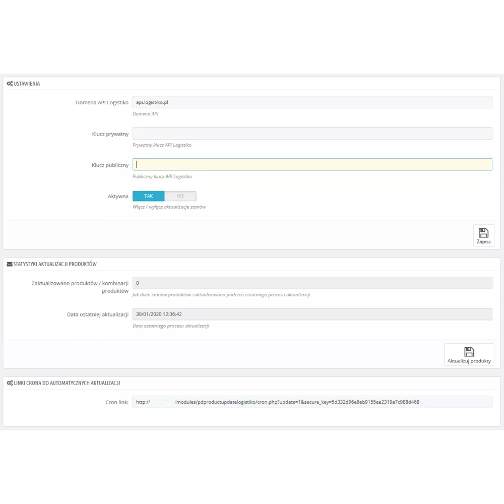 Aktualizacja stanów magazynowych poprzez API Logistiko dla PrestaShop 1.6.x oraz 1.7.x