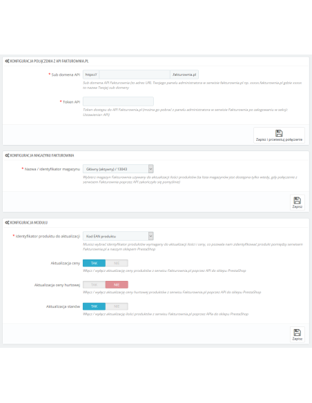 Integration mit Fakturownia.pl, Aktualisierung von Lagerbeständen und Preisen für Prestashop 1.6.x und 1.7.x.