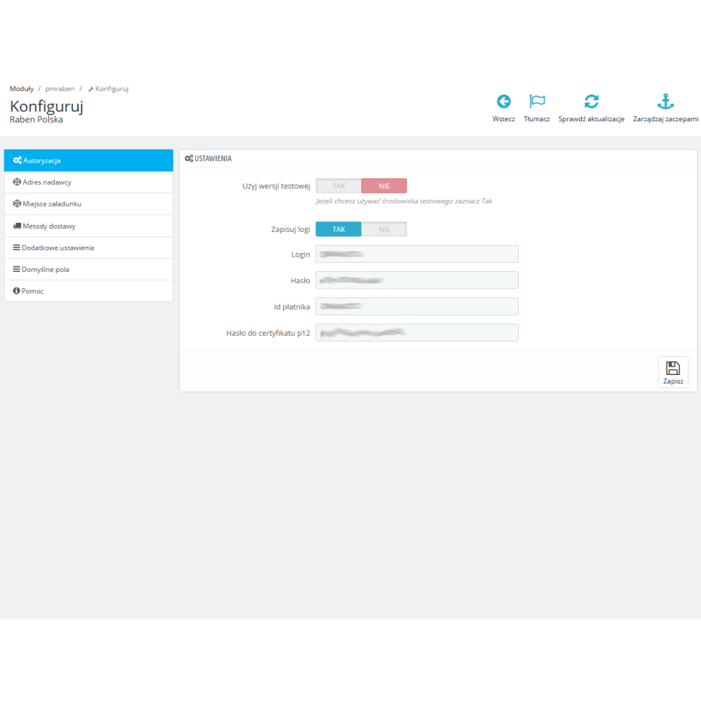 Intégration avec Raben pour PrestaShop 1.6.x, 1.7.x
