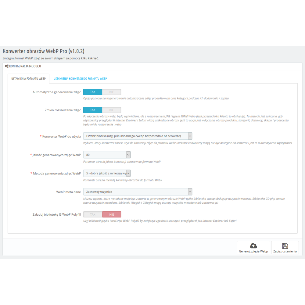 Photos in WebP Pro format module for PrestaShop 1.6.x, 1.7.x