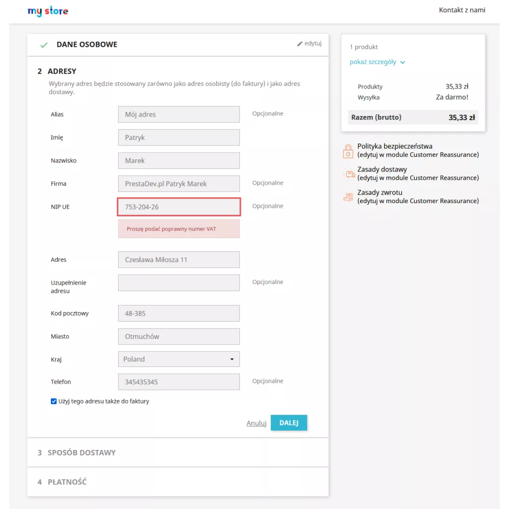 Überprüfung der Korrektheit der NIP / Umsatzsteuer-Identifikationsnummer für PrestaShop