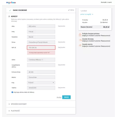 Überprüfung der Korrektheit der NIP / Umsatzsteuer-Identifikationsnummer für PrestaShop