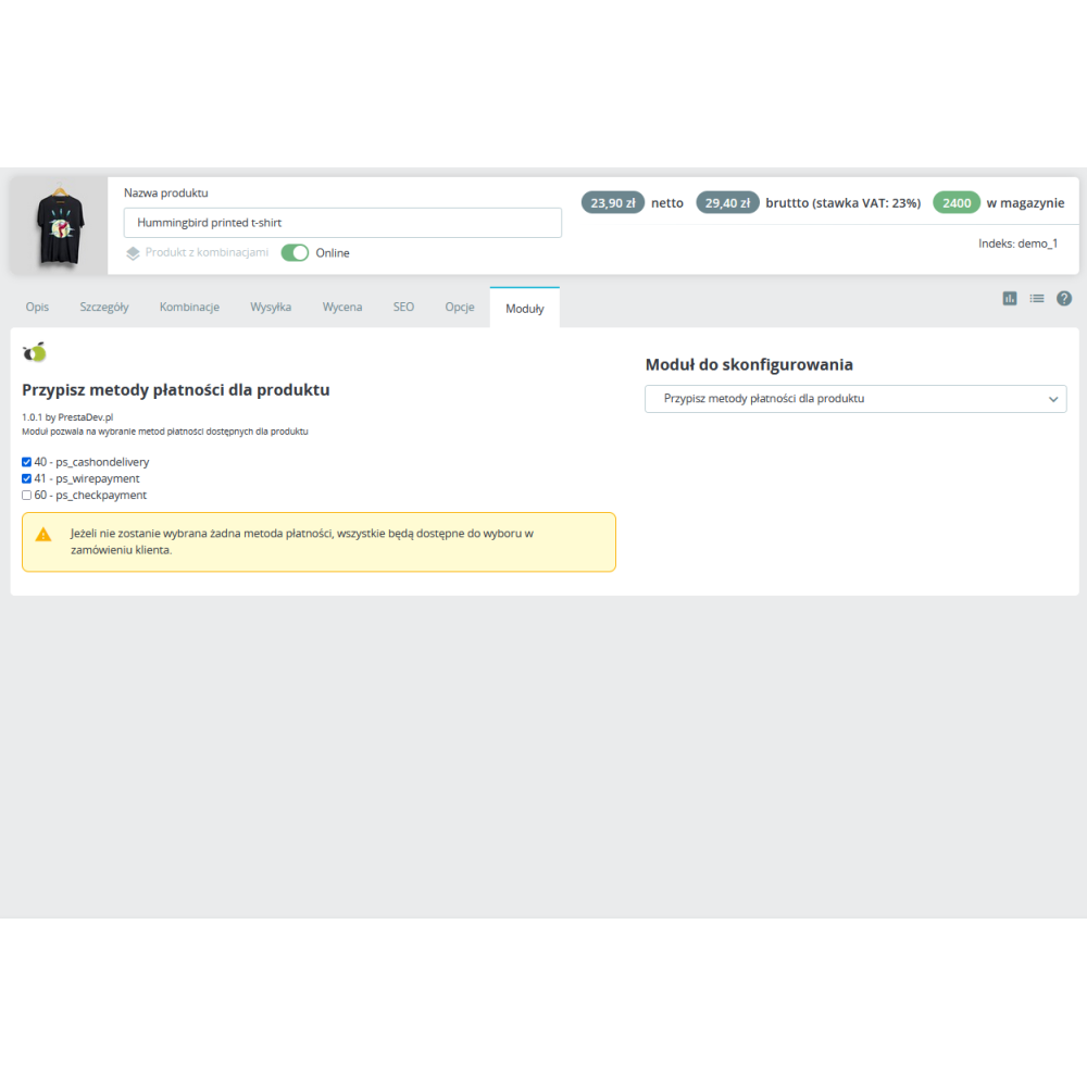 Assign payment methods to products for PrestaShop