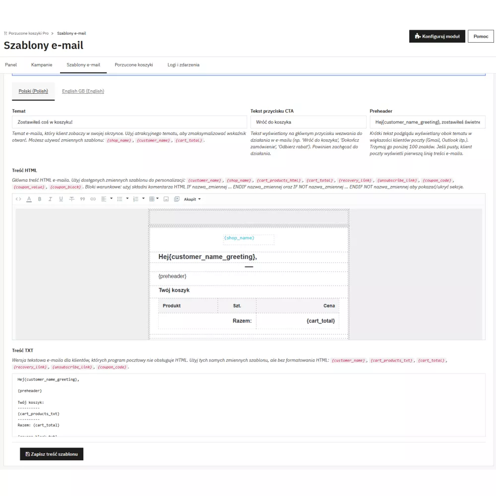 Porzucone Koszyki Pro - odzyskiwanie zamówień, kampanie e-mail i kupony rabatowe w PrestaShop