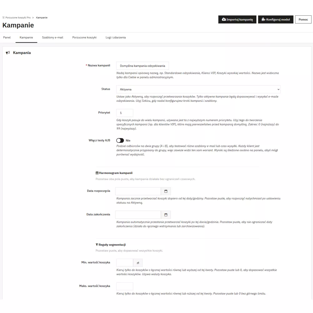 Porzucone Koszyki Pro - odzyskiwanie zamówień, kampanie e-mail i kupony rabatowe w PrestaShop