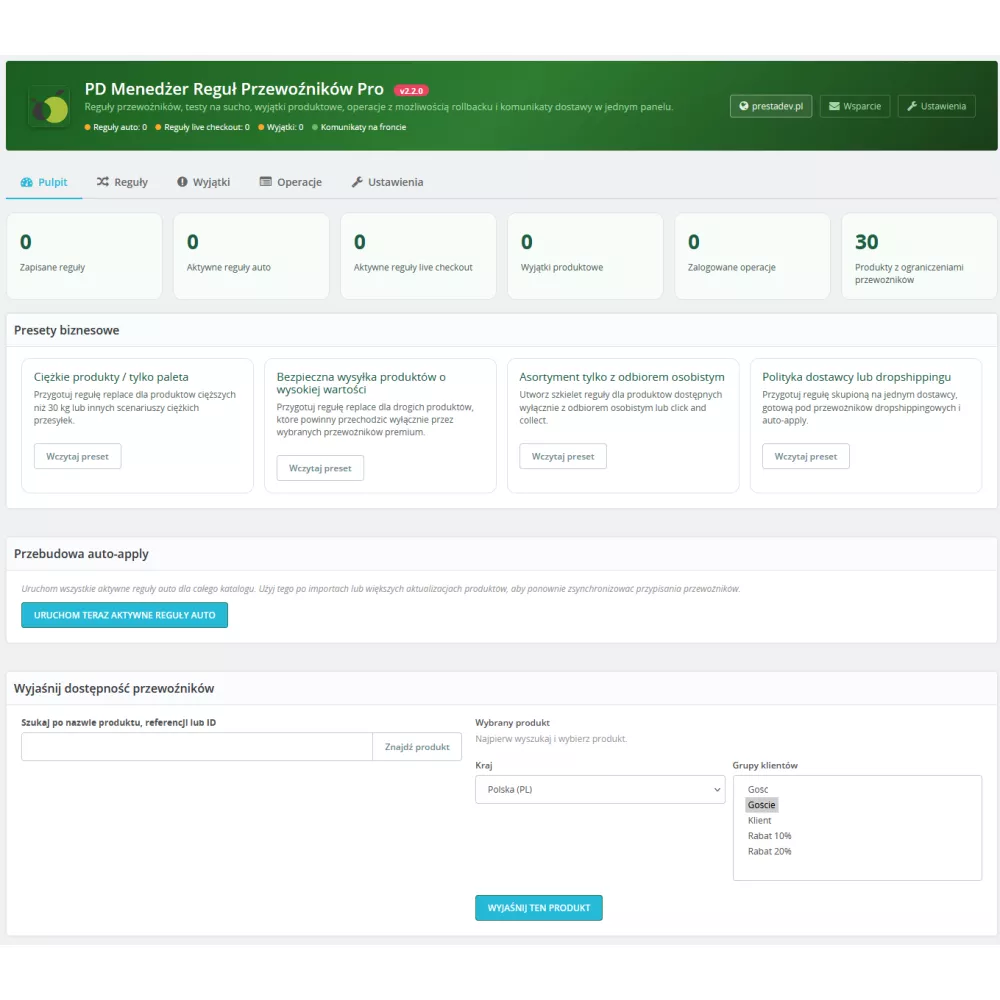 Správce pravidel dopravců Pro modul pro PrestaShop