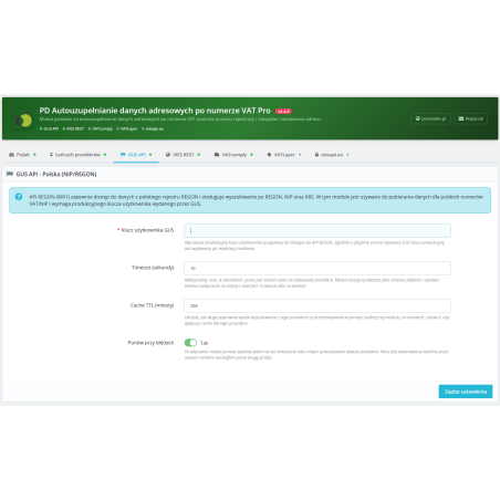 Pobierz dane firmy po numerze NIP (VAT / VAT EU) Pro moduł dla Prestashop