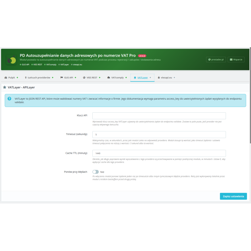 Retrieve company data by NIP number (VAT / VAT EU) Pro module for Prestashop