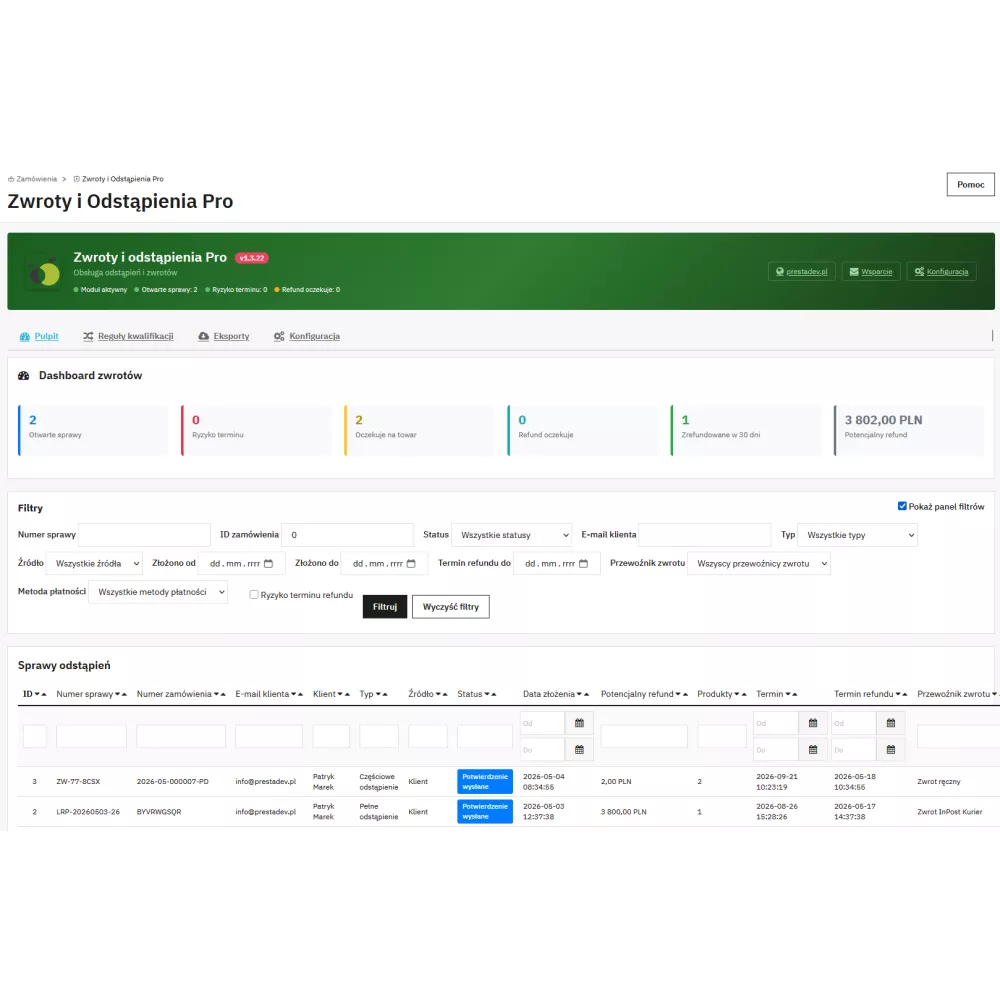 Zwroty i odstąpienia Pro moduł dla PrestaShop