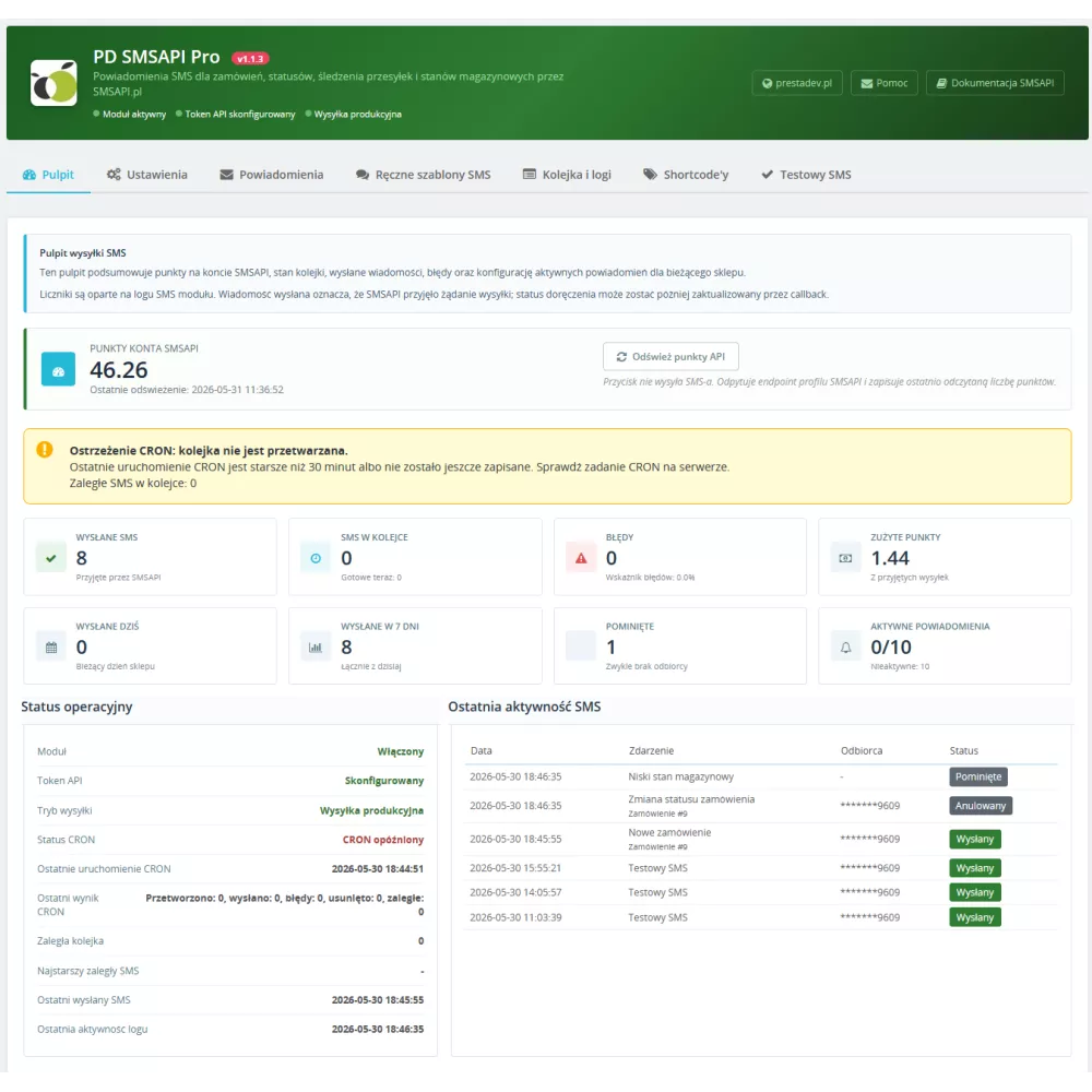 SMSAPI Pro moduł SMSAPI.pl dla PrestaShop