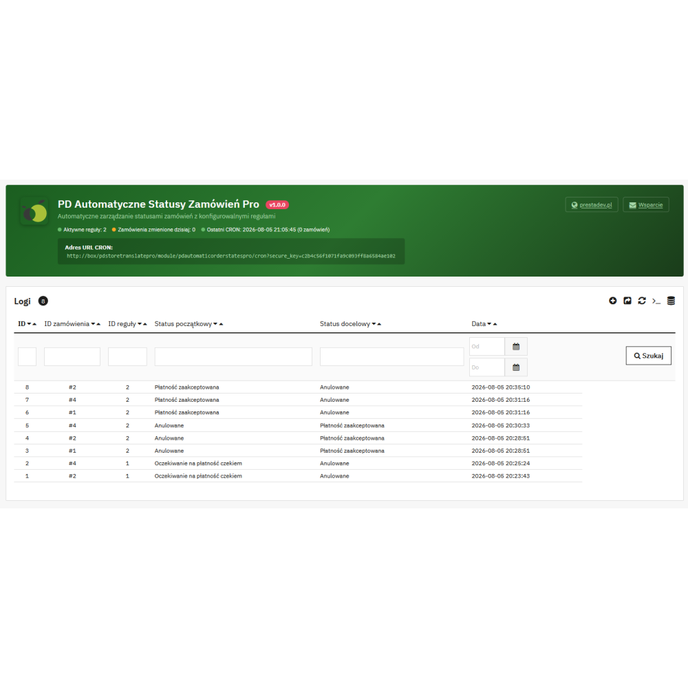 Automatyczne Statusy Zamówień Pro moduł dla PrestaShop