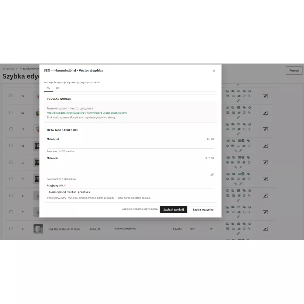 Szybka edycja produktów Pro Prestashop