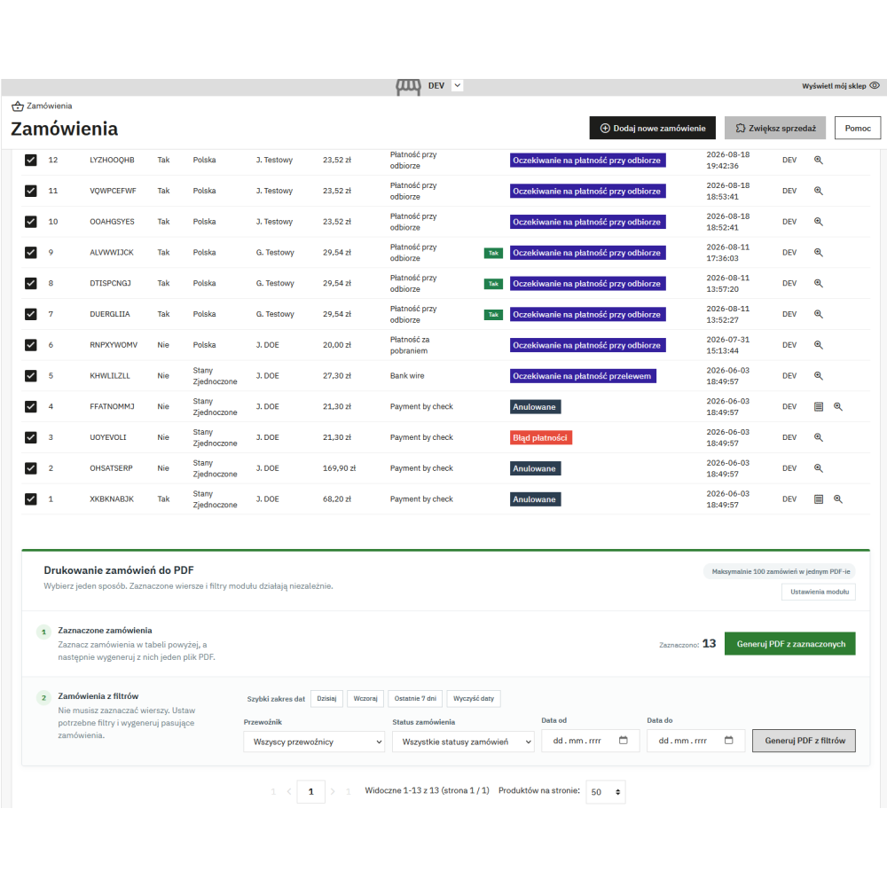 Impression en masse des données de commande au format PDF pour PrestaShop