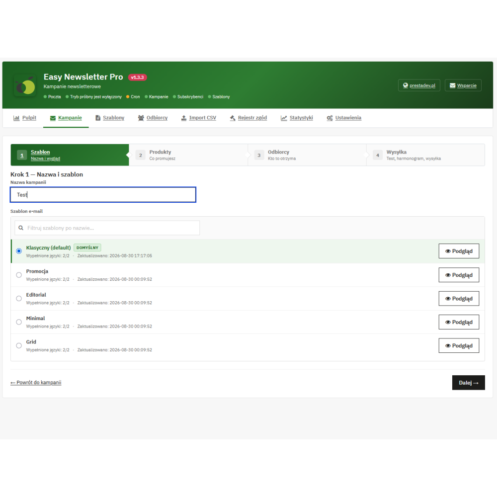 Easy Newsletter Pro - moduł newslettera dla PrestaShop z kreatorem kampanii i własnym silnikiem wysyłki