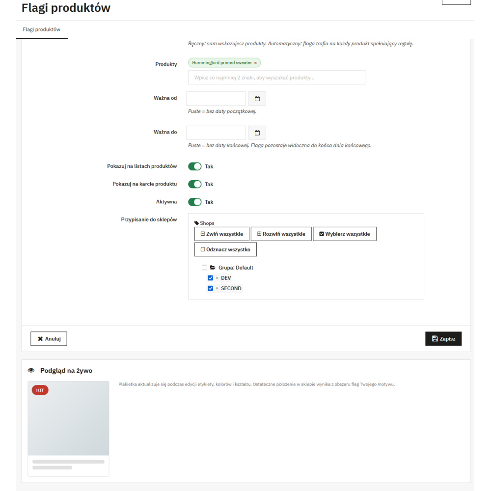 Flagi Produktów Pro — etykiety na zdjęciach produktów w PrestaShop