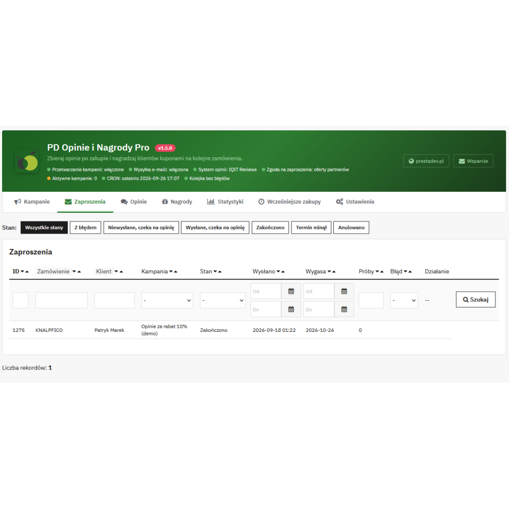 Opinie i Nagrody Pro – zaproszenia do opinii po zakupie i kupony za opinie w PrestaShop