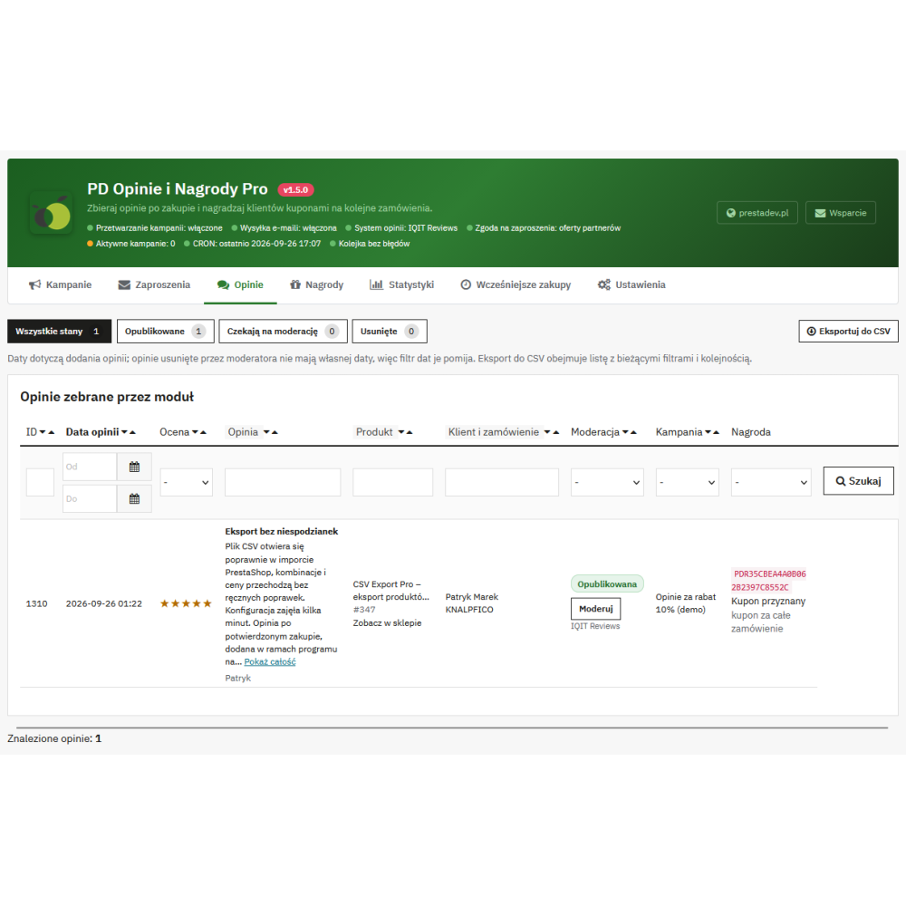 Recensioni e Premi Pro – inviti a lasciare recensioni dopo l'acquisto e coupon per le recensioni in PrestaShop