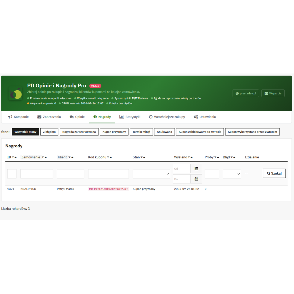 Avis et Récompenses Pro – invitations à laisser un avis après achat et coupons en échange d’avis dans PrestaShop