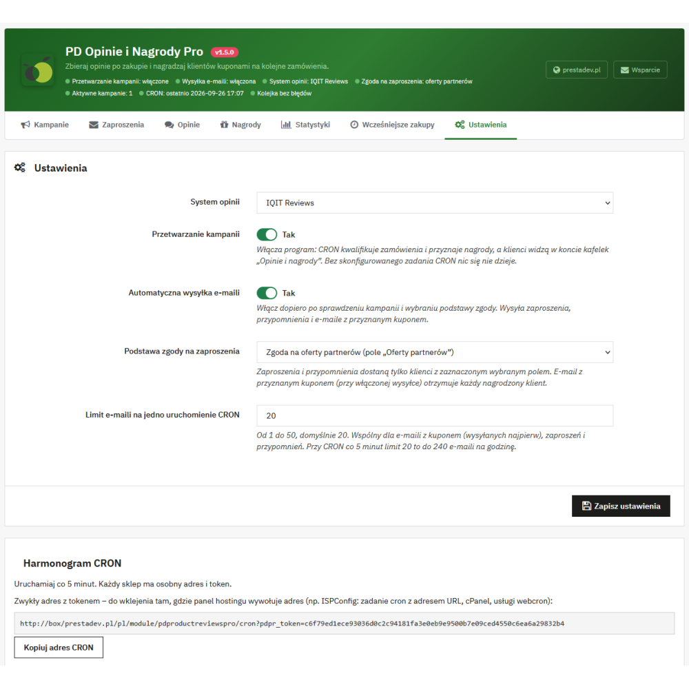 Opinie i Nagrody Pro – zaproszenia do opinii po zakupie i kupony za opinie w PrestaShop