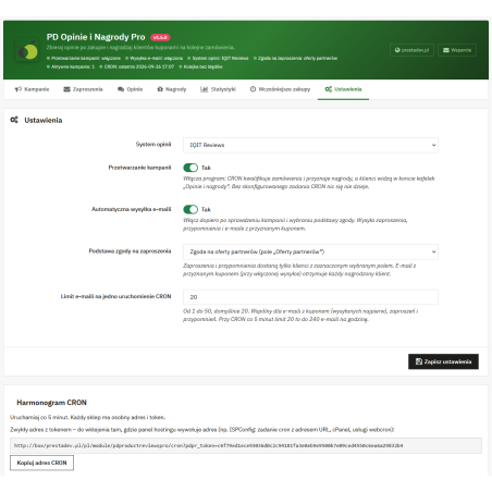 Opinie i Nagrody Pro – zaproszenia do opinii po zakupie i kupony za opinie w PrestaShop