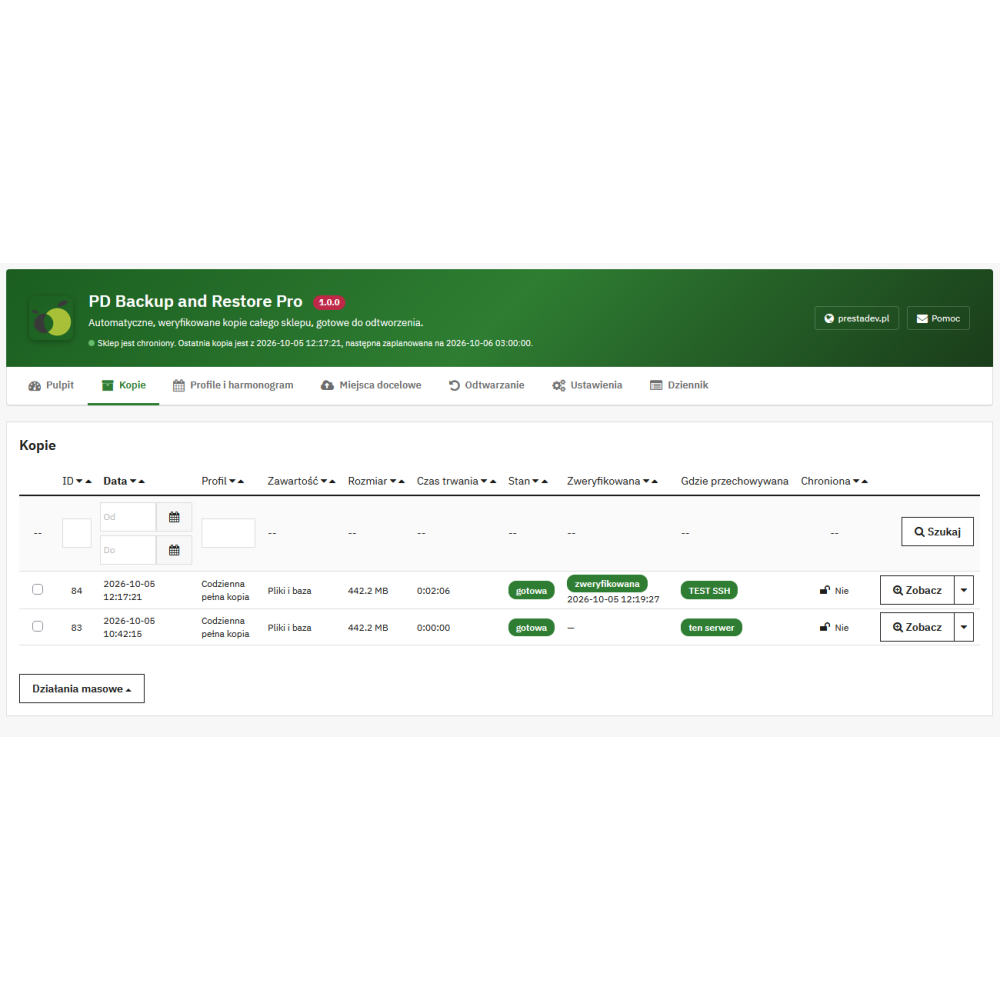 Zálohování a obnova obchodu Pro – automatické zálohy PrestaShop s obnovou z administrace i bez administrace