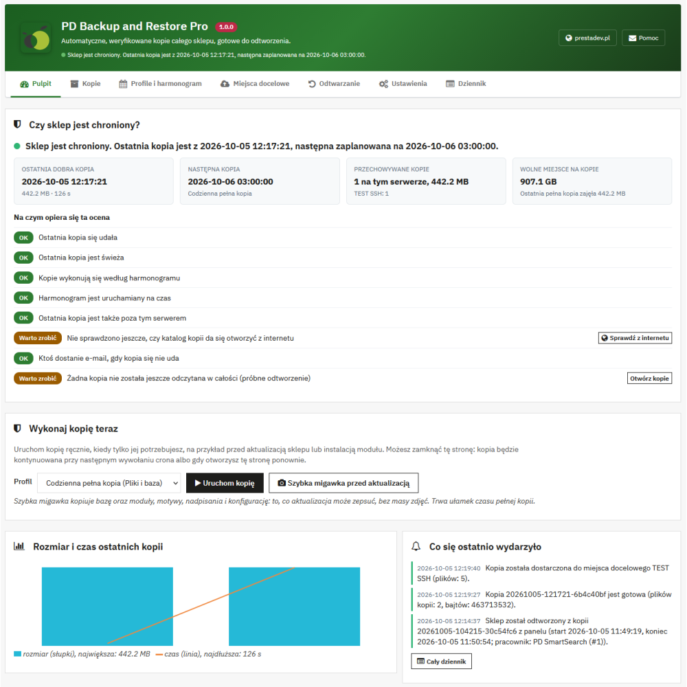 Backup i odtwarzanie sklepu Pro – automatyczne kopie zapasowe PrestaShop z odtwarzaniem z panelu i bez panelu
