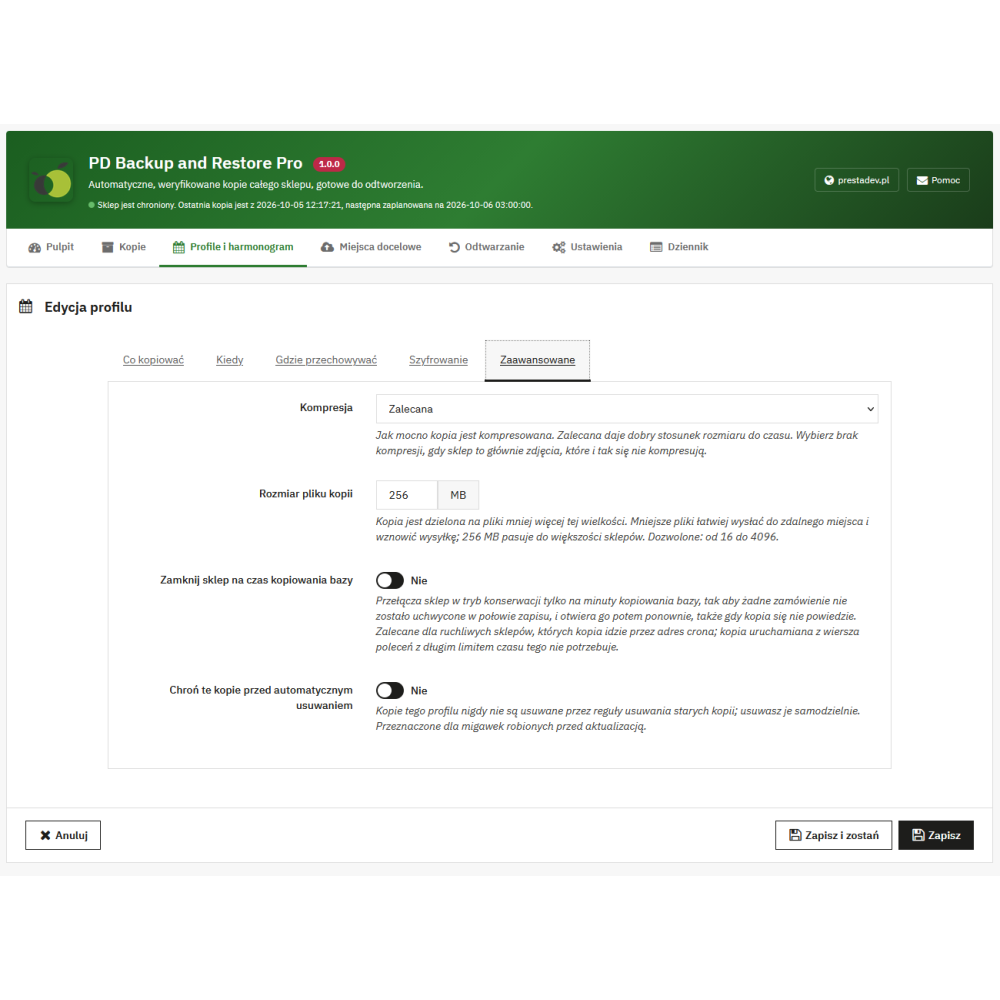 Backup e ripristino del negozio Pro – backup automatici di PrestaShop con ripristino dal pannello e senza pannello