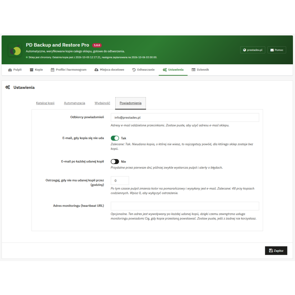 Backup i odtwarzanie sklepu Pro – automatyczne kopie zapasowe PrestaShop z odtwarzaniem z panelu i bez panelu