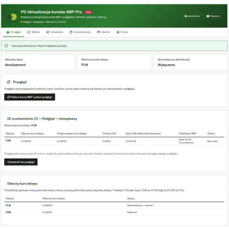 Aggiornamento dei tassi di cambio NBP Pro — tassi di cambio in PrestaShop