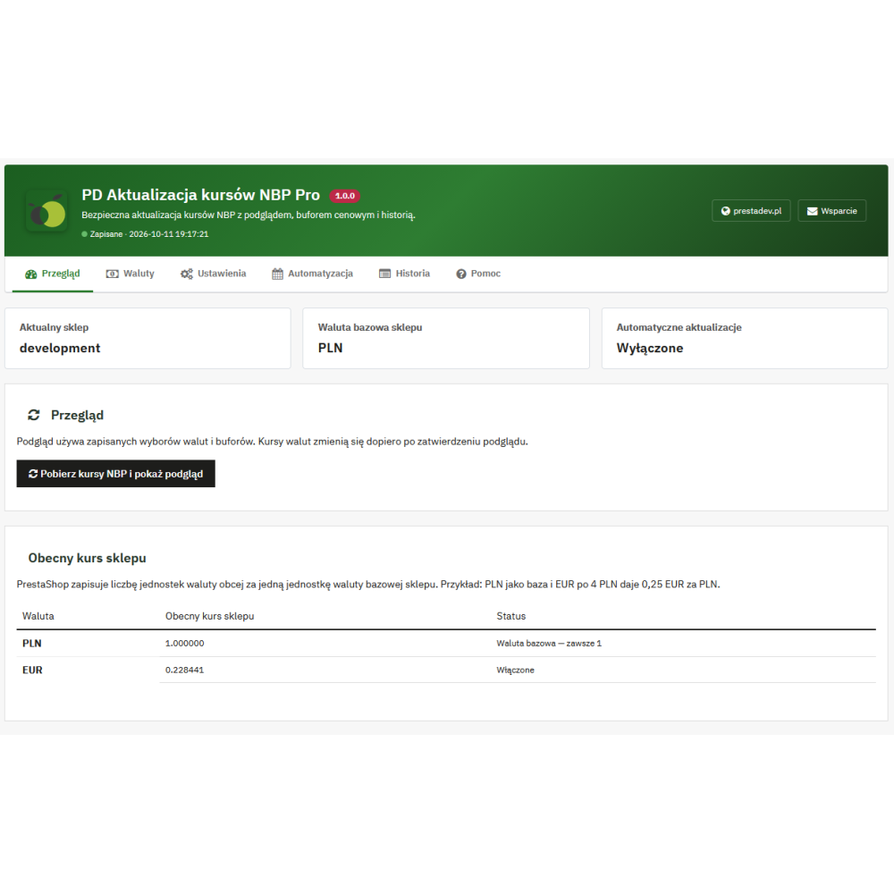 Aggiornamento dei tassi di cambio NBP Pro — tassi di cambio in PrestaShop