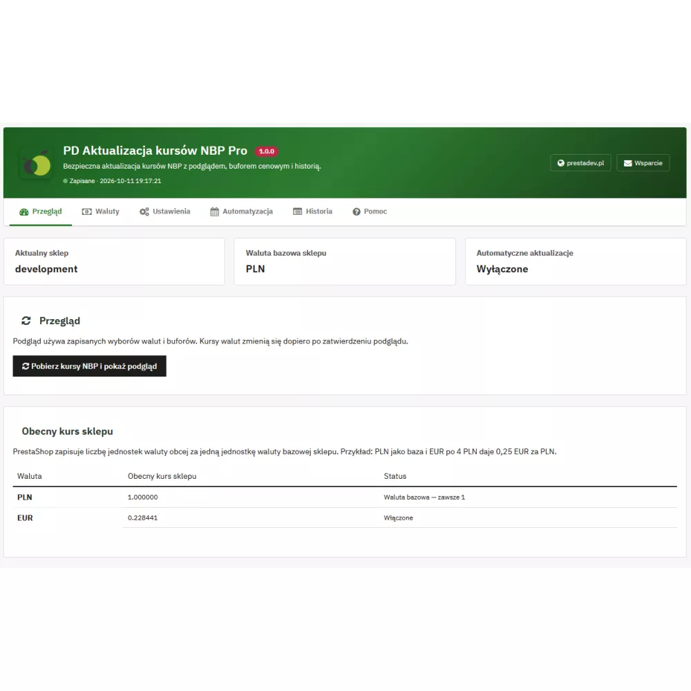 Aktualizacja kursów NBP Pro — kursy walut w PrestaShop