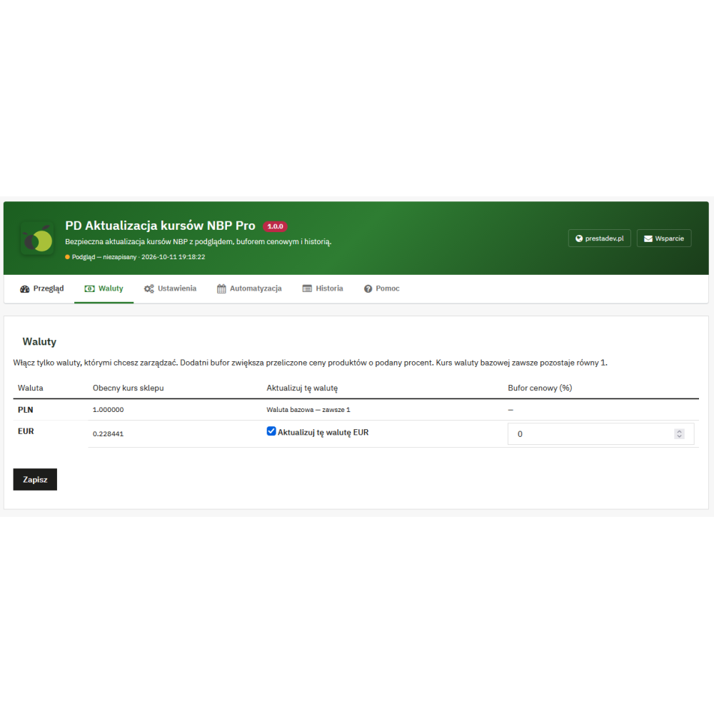 Aktualizace kurzů NBP Pro — měnové kurzy v PrestaShopu