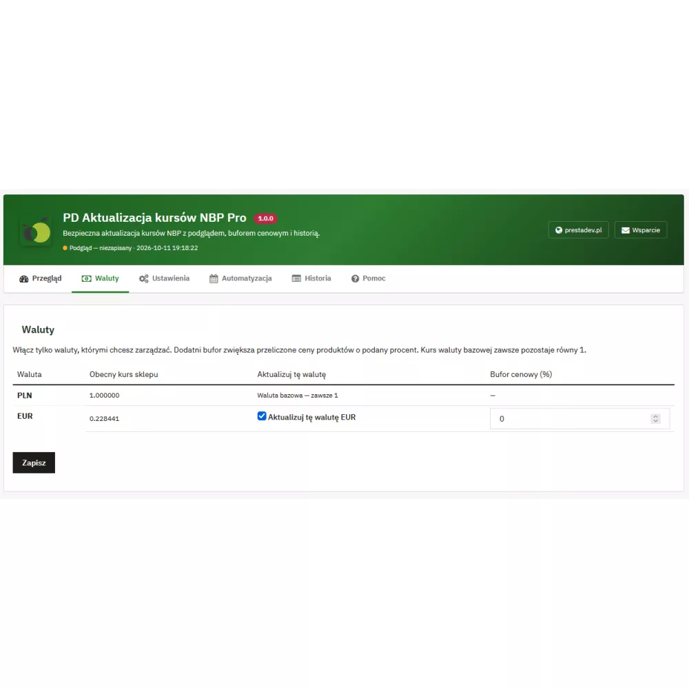 Aktualizacja kursów NBP Pro — kursy walut w PrestaShop