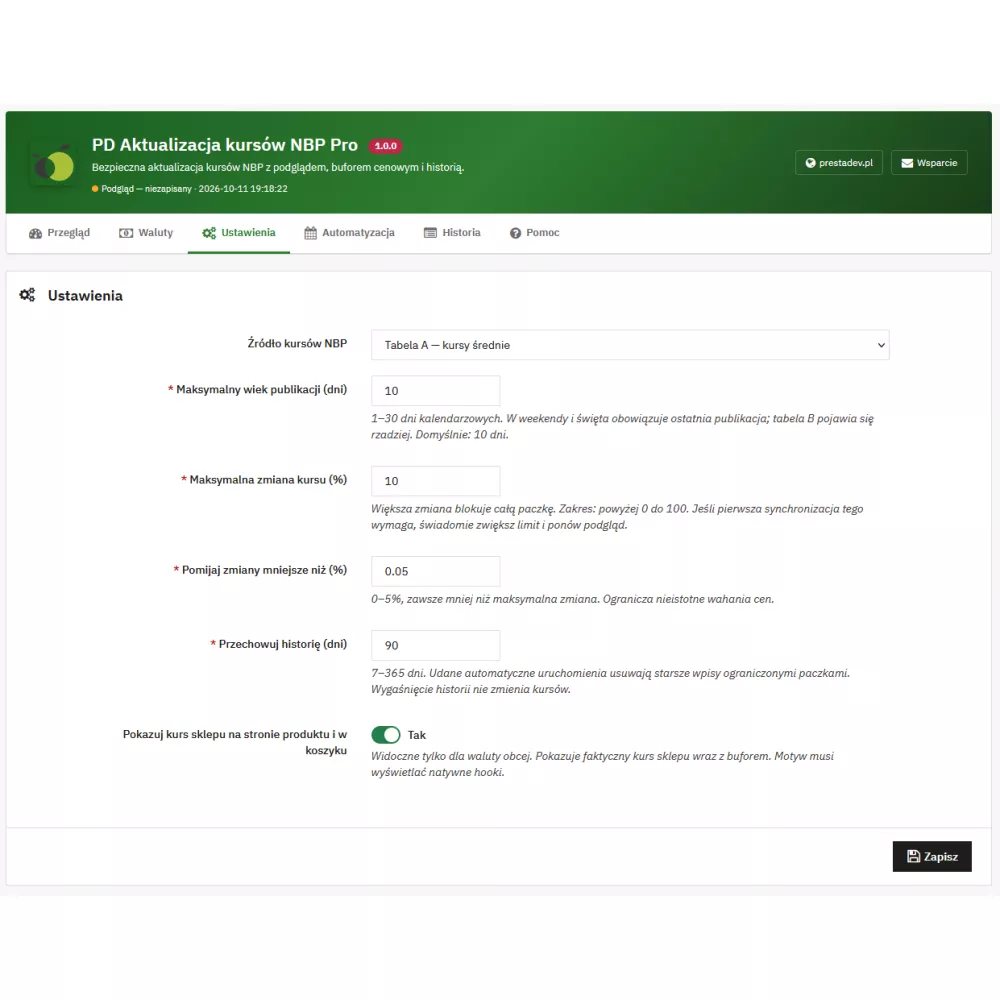 Aktualizacja kursów NBP Pro — kursy walut w PrestaShop