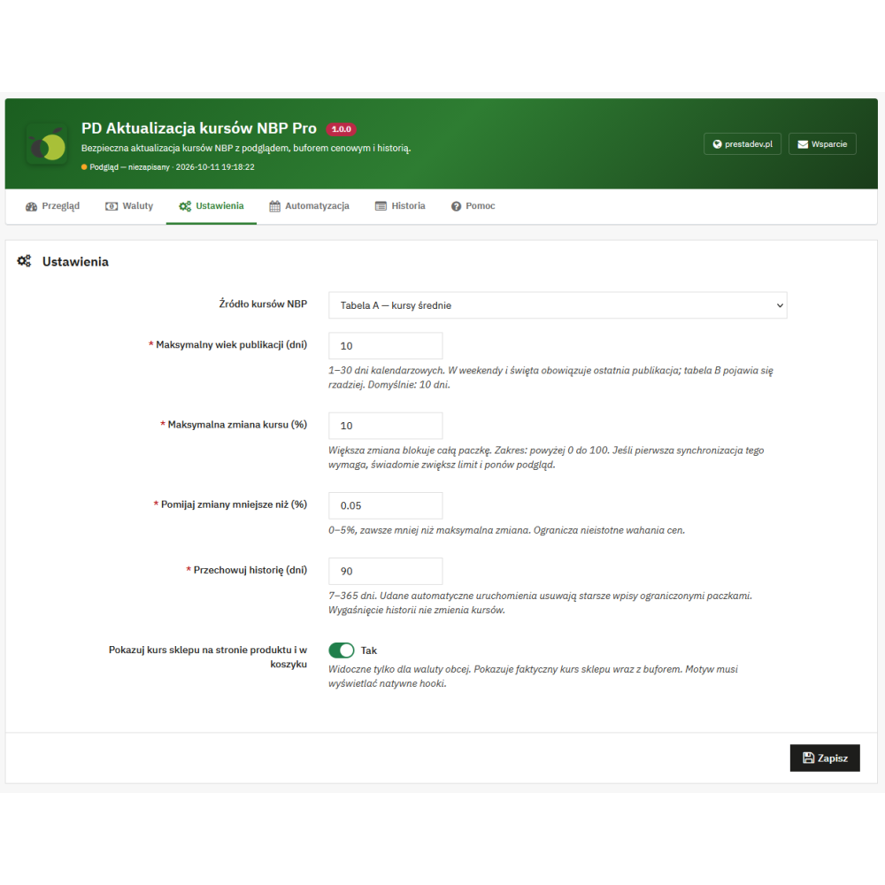 Mise à jour des taux de change NBP Pro — taux de change dans PrestaShop