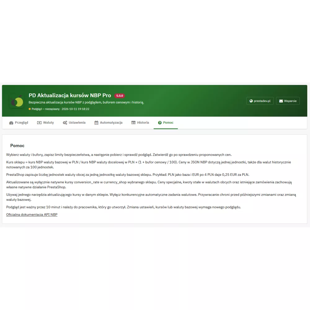 Aktualizacja kursów NBP Pro — kursy walut w PrestaShop