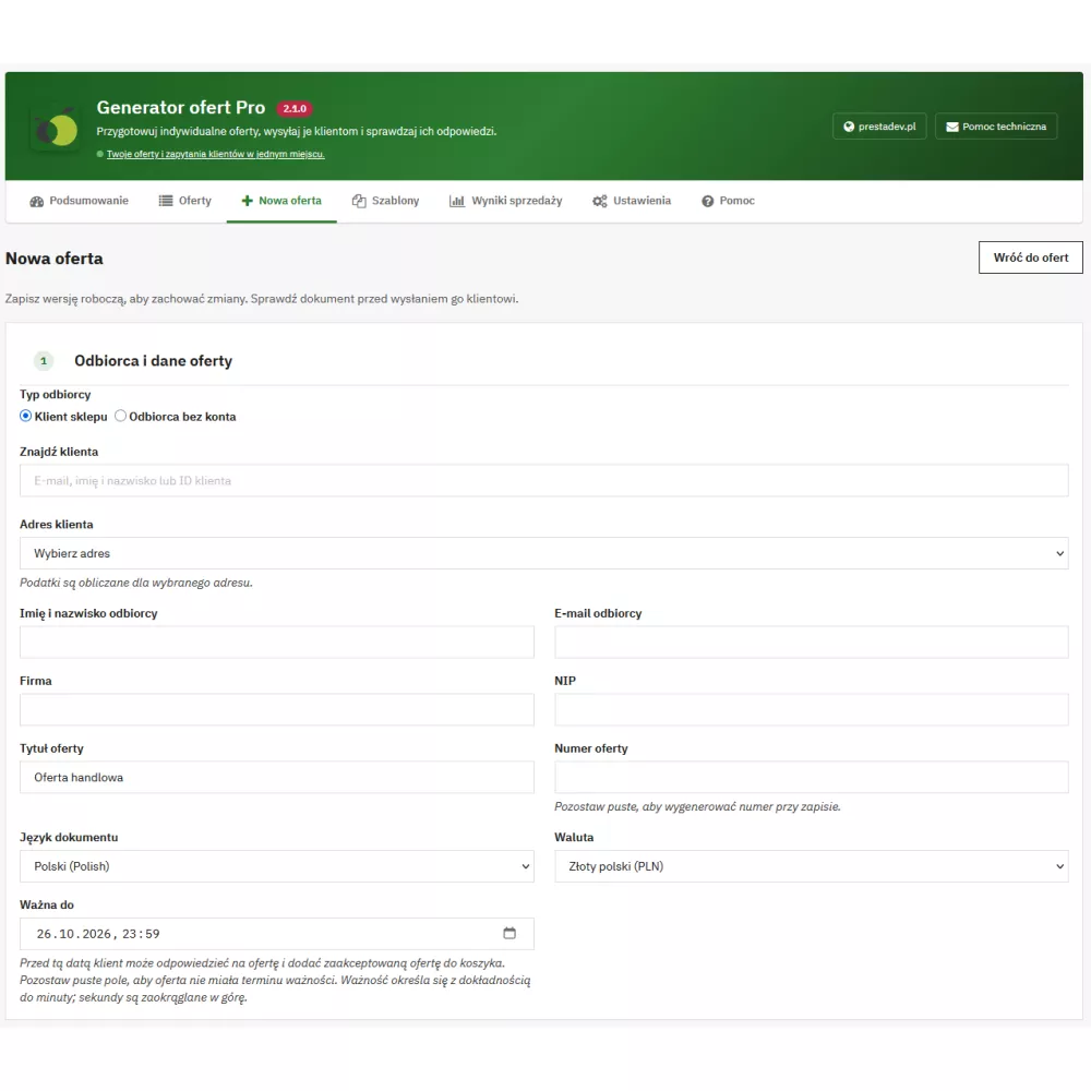 Generator ofert Pro – indywidualne oferty handlowe w PrestaShop