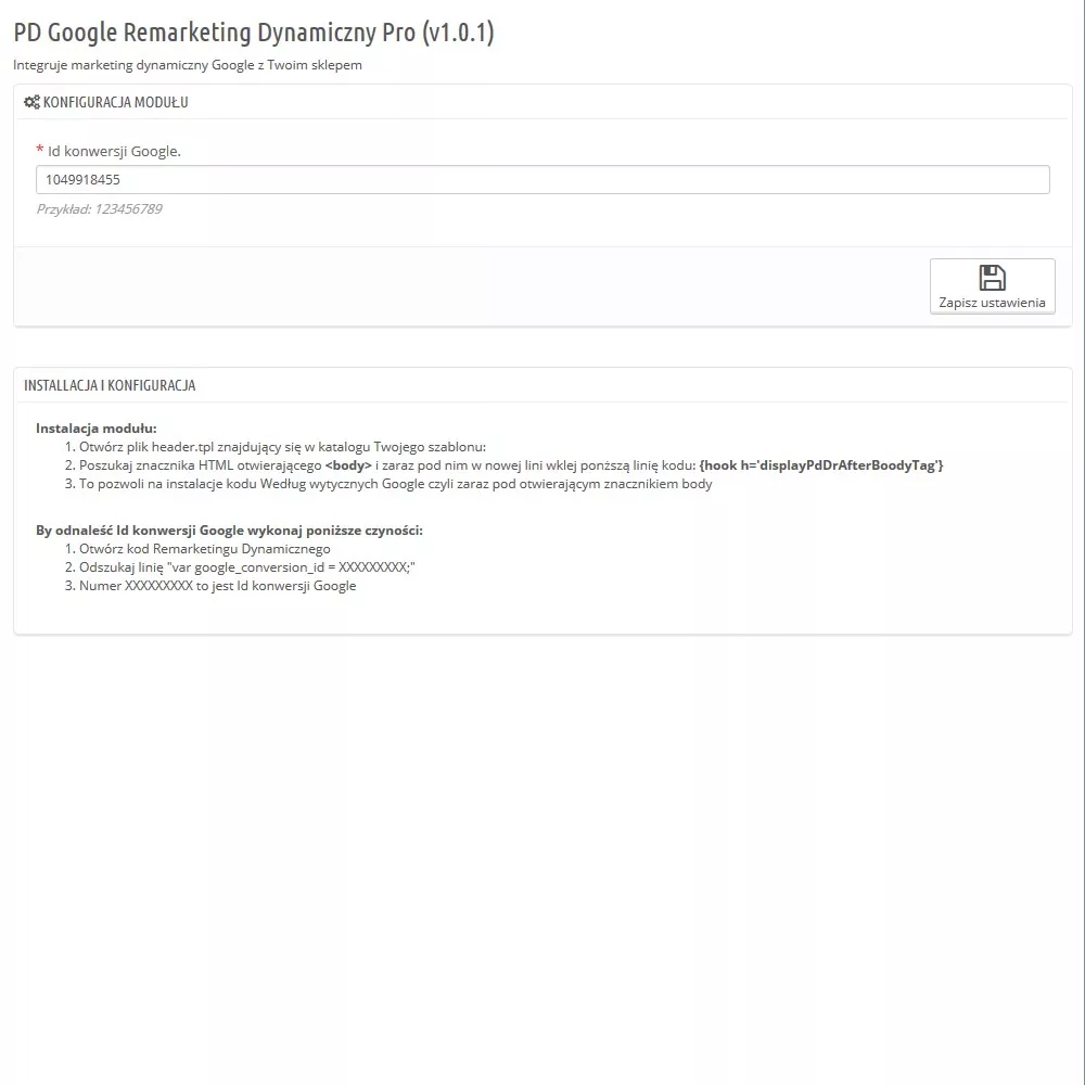Google Remarketing Dynamiczny Pro dla PrestaShop 1.5.x oraz 1.6.x