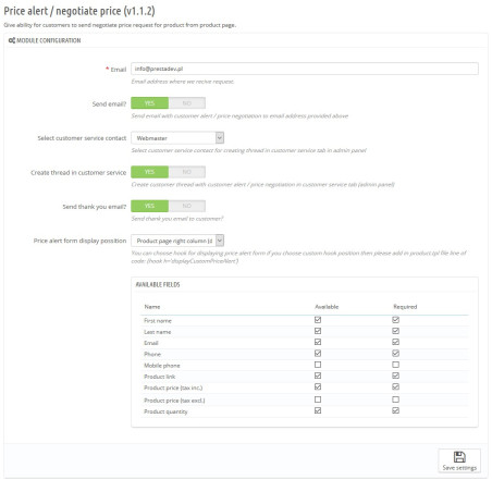 Vyjednávání o ceně / modul upozornění na cenu pro PrestaShop 15x a 16x