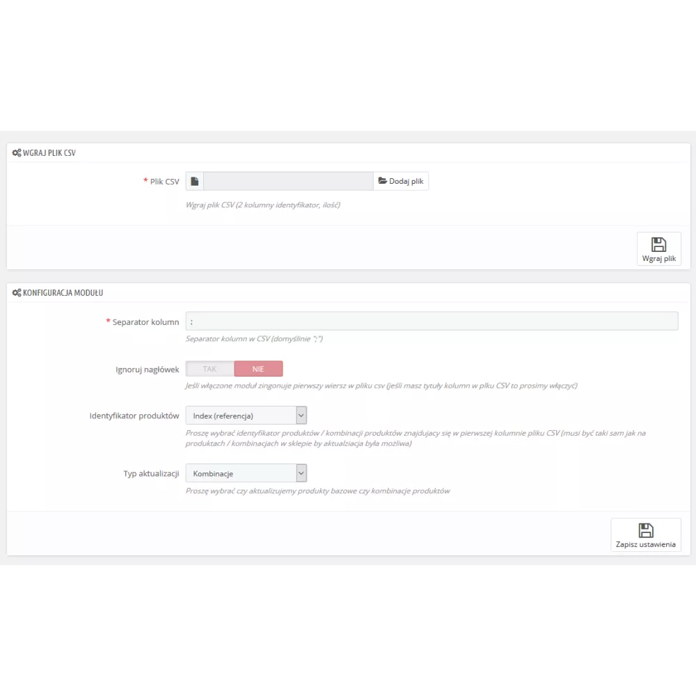 Aggiornamento dell'inventario da file CSV per PrestaShop 1.5.xe 1.6.x.